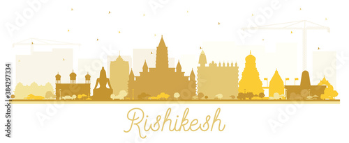 Rishikesh India City Skyline Silhouette with Golden Buildings Isolated on White.