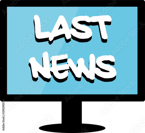 Desktop computer last news text isolated. Blue screen with white lettering. Display 3D typography mockup, PC vector icon illustration. 