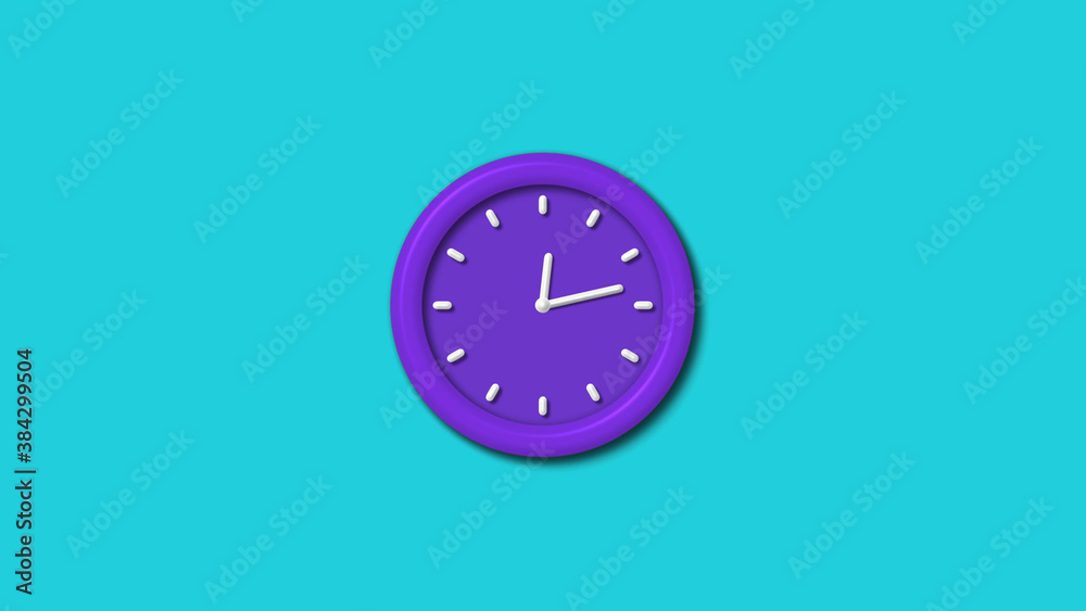 Amazing purple color 3d wall clock isolated on cyan background,12 hours wall clock