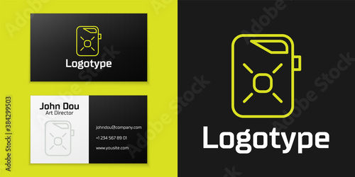 Logotype line Canister for motor machine oil icon isolated on black background. Oil gallon. Oil change service and repair. Engine oil sign. Logo design template element. Vector Illustration.