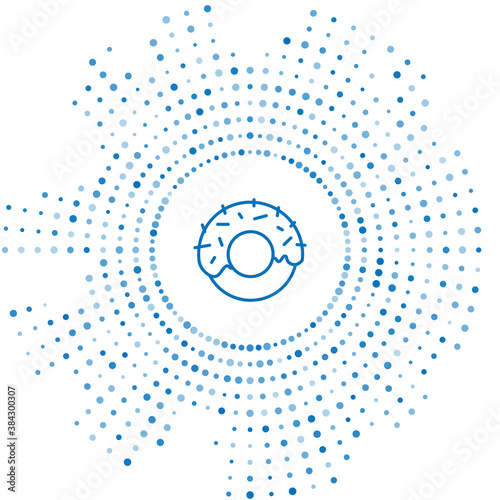 Blue line Donut with sweet glaze icon isolated on white background. Abstract circle random dots. Vector.