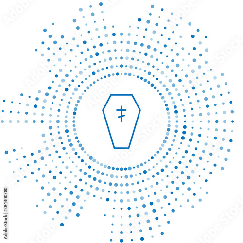 Blue line Coffin with christian cross icon isolated on white background. Happy Halloween party. Abstract circle random dots. Vector.