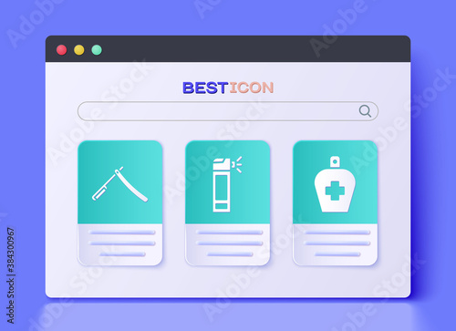 Set Bottle with nozzle spray, Straight razor and Bottle of liquid antibacterial soap icon. Vector.