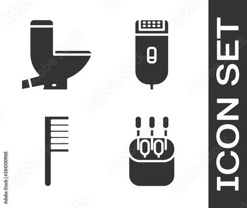 Set Cotton swab for ears, Toilet bowl, Hairbrush and Electrical hair clipper or shaver icon. Vector.