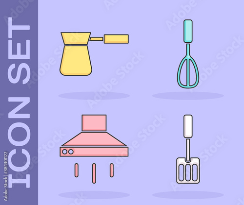 Set Spatula, Coffee turk, Kitchen extractor fan and Kitchen whisk icon. Vector.