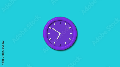 Purple color 12 hours 3d wall clock isolated on cyan background,wall clock