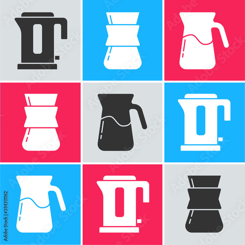 Set Electric kettle, Coffee turk and Jug glass with water icon. Vector.