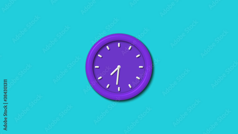 Purple color 12 hours 3d wall clock isolated on cyan background,wall clock