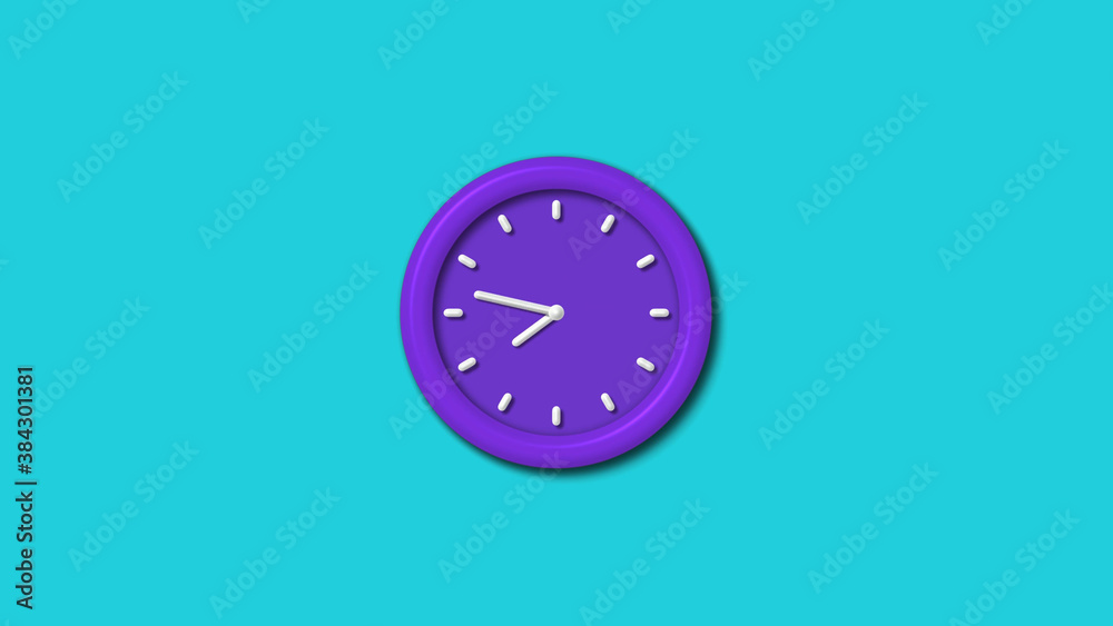 Purple color 12 hours 3d wall clock isolated on cyan background,wall clock