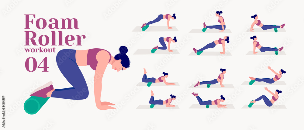 Foam Roller Workout. women exercise vector set. Women doing fitness and yoga exercises. Lunges, Pushups, Squats, Dumbbell rows, Burpees, Side planks, Glute bridge, Leg Raise, Russian Twist .etc