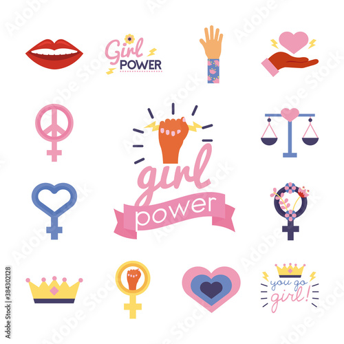 bundle of feminism flat style icons in lile background photo