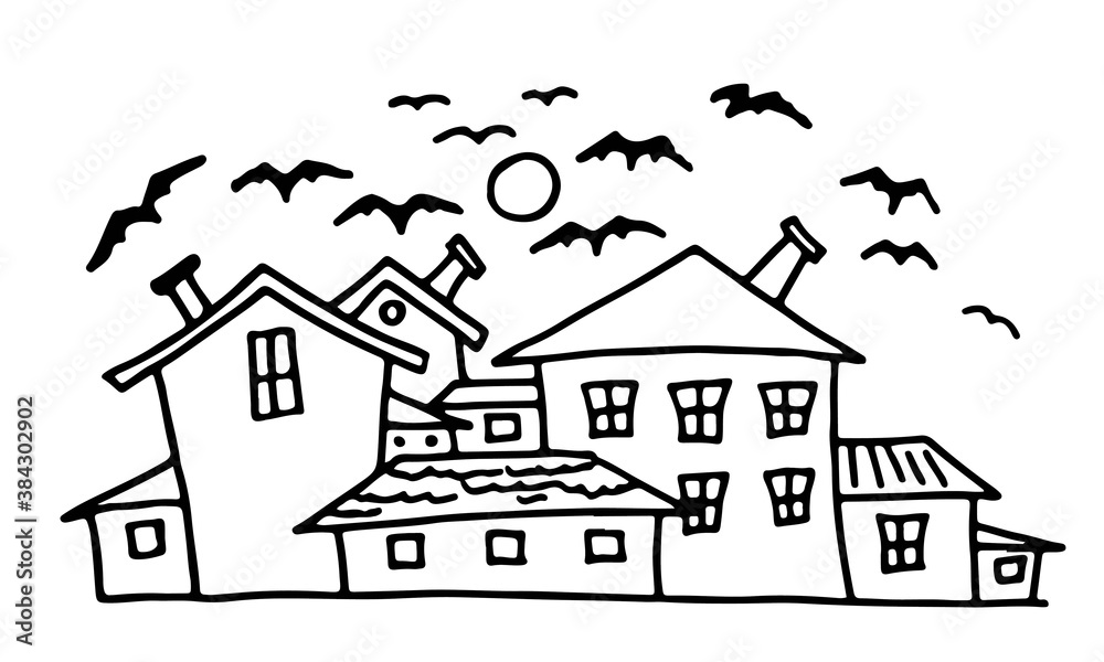 A street with houses over which a round moon hangs. Many bats fly in the sky. Illustration for Halloween. Vector drawing