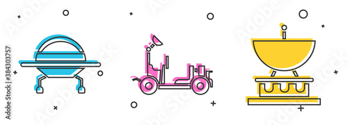 Set UFO flying spaceship, Mars rover and Satellite dish icon. Vector.