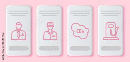 Set line Businessman or stock market trader, Oilman, CO2 emissions in cloud and Petrol or gas station. White rectangle button. Vector.
