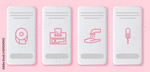 Set line Toilet paper roll, Wet wipe pack, Washing hands with soap and Sanitary tampon. White rectangle button. Vector.
