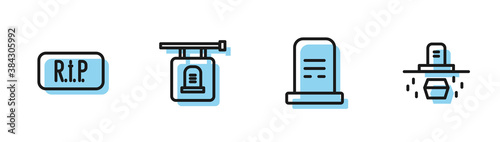 Set line Grave with tombstone, Speech bubble rip death, Signboard and coffin icon. Vector.