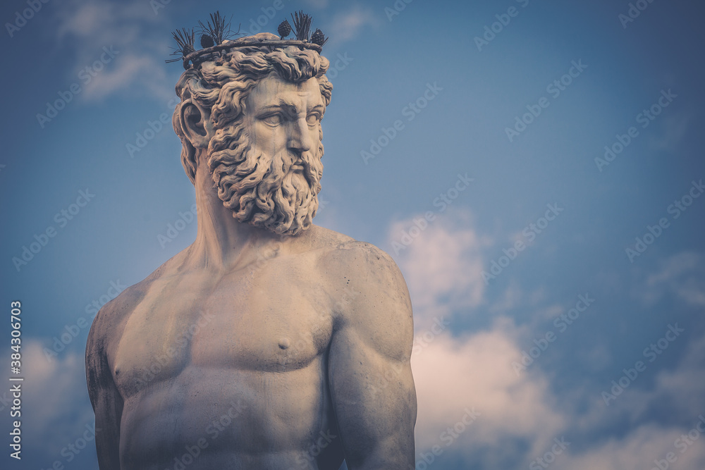 Detail of the statue of the Fountain of Neptune (Fontana del Nettuno) on the Piazza della Signoria in Florence, Italy. In front of the Palazzo Vecchio.