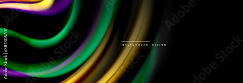 Dynamic motion abstract background. Color blurred stripes on black. Wave liquid lines poster. Vector illustration