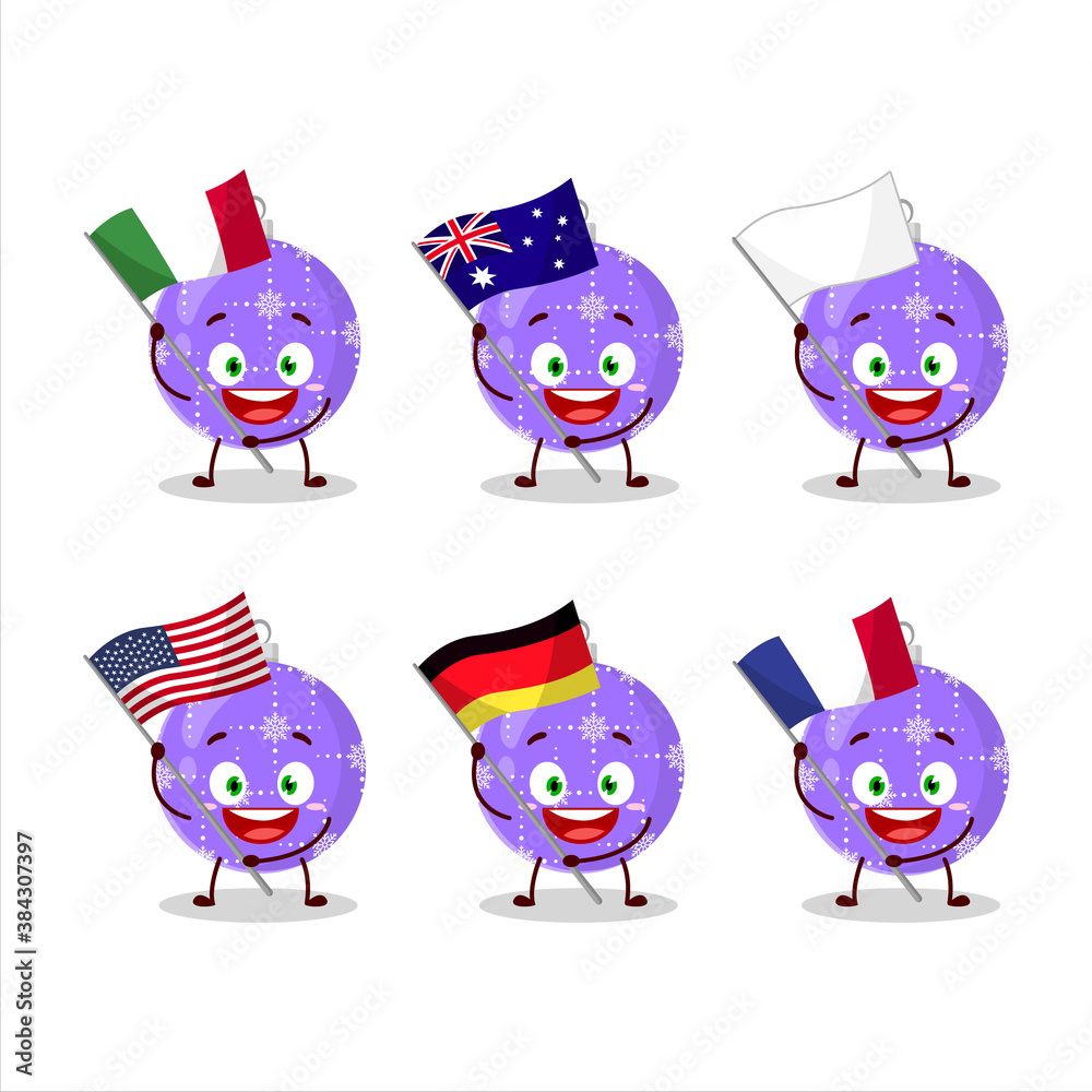 Christmas ball purple cartoon character bring the flags of various countries