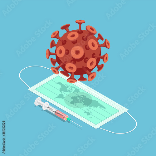 Isometric Covid-19 Virus Over The Surgical Mask with World Map and Vaccine Syringe