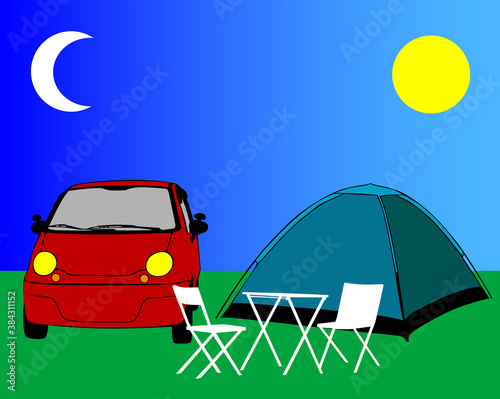 Car and camping tent on the field. Image on the theme of road trip