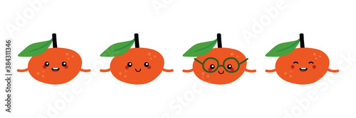 Set, collection of cute and happy cartoon style tangerine, clementine, mandarin orange fruit characters for healthy food, vegan and cooking design.
