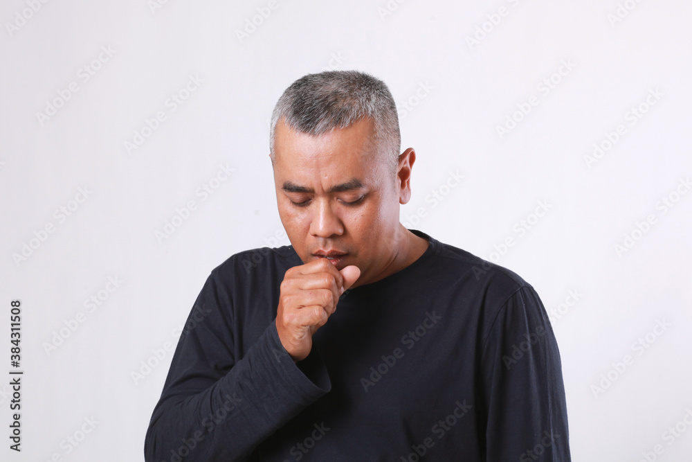 Old man coughing isolated on white background Old man coughing isolated on white background