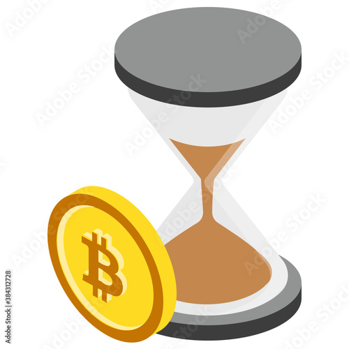 
A bitcoin with hourglass representing pending bitcoin 

