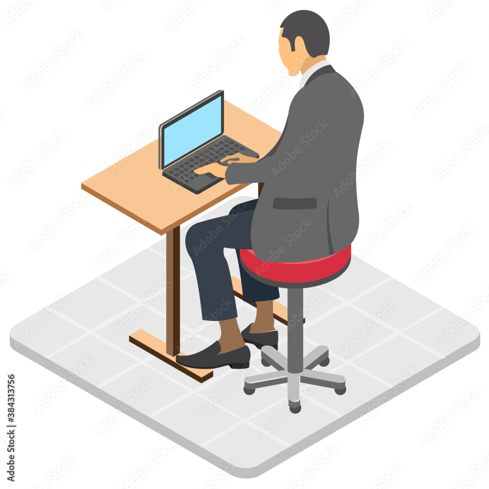 
An employee sitting in front of computer, workplace icon 
