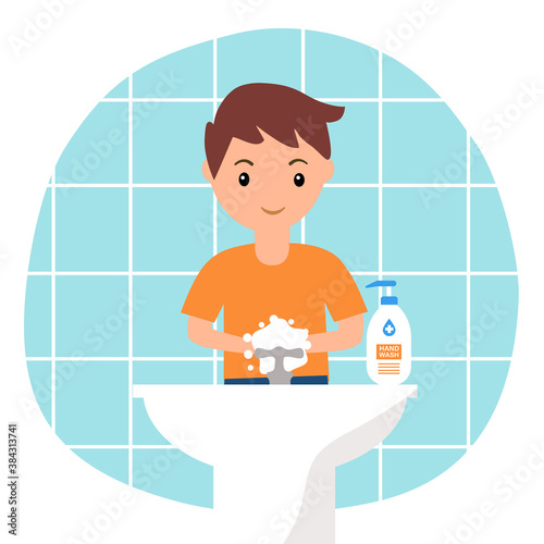 A boy kids washing his hands in the sink concept vector illustration. Washing hands under faucet with soap and water. Coronavirus and bacteria prevention healthcare.