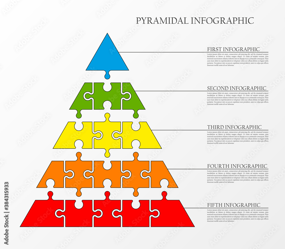 Fototapeta premium five levels pyramid puzzle presentation infographic template with explanatory text field for business statistics illustration