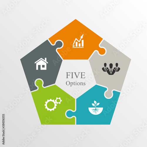Five sided puzzle presentation infographic template with explanatory text field for business statistics