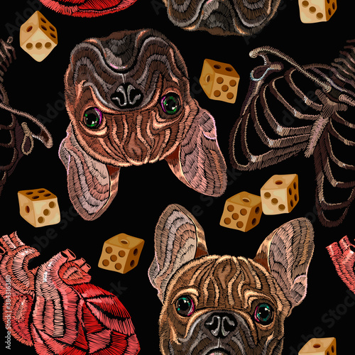Embroidery bulldog, anatomical heart and dice seamless pattern. French dog background. Design of clothes, t-shirt design. Gambling, casino art