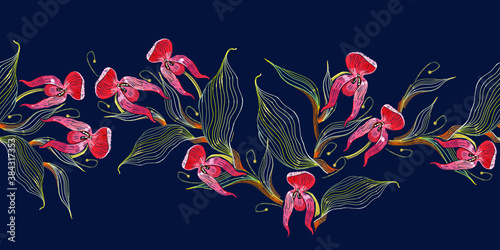 Snap dragon pink flowers. Floral horizontal seamless pattern. Summer garden art. Embroidery. Line style. Fashion template for clothes, textiles