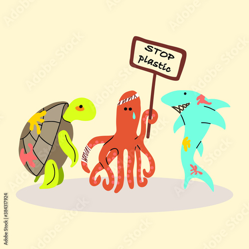 Dirty sea dwellers - a turtle, an octopus and a shark - are on strike with a transporter against plastic pollution of the water. Doodle. Ecology problem.