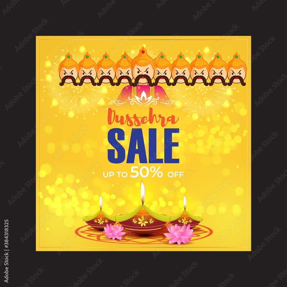 Vector illustration of Dussehra Sale banner, upto 50% off, Indian festival  offer, Ravana cartoon, diya and fireworks on beautiful bokeh background.  Stock Vector | Adobe Stock