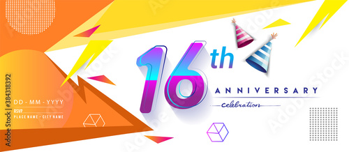 16th years anniversary logo, vector design birthday celebration with colorful geometric background and circles shape.