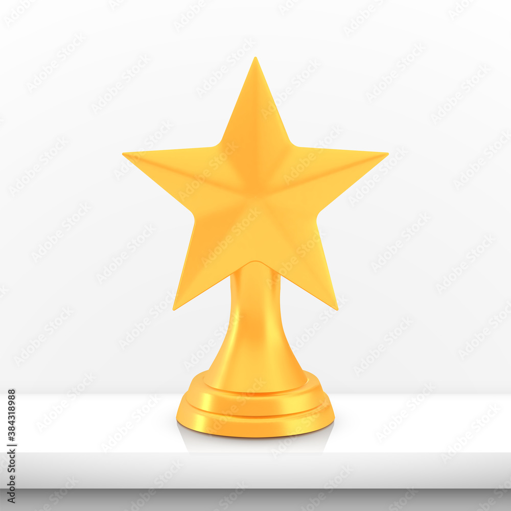 Winner star cup award, golden trophy logo isolated on white shelf table background Winner star cup award, golden trophy logo isolated on white shelf table background