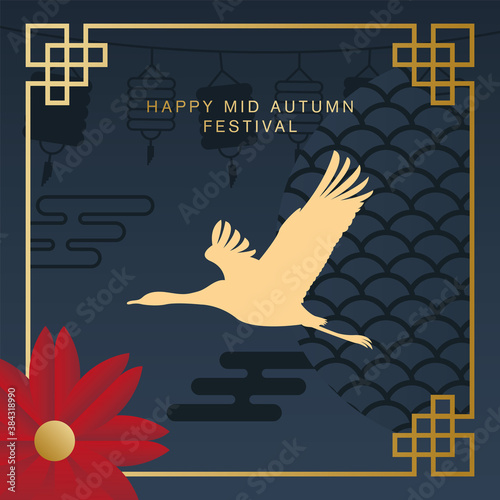 happy mid autumn harvest with stork and flower vector design