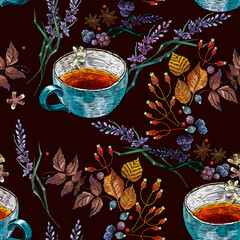 Fotobehang Thee patronen Herfst borduurpatroon met theekopje en lavendel  © Matrioshka