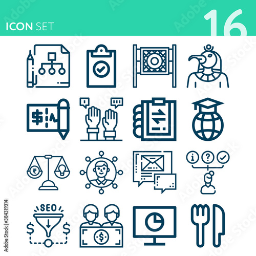 Simple set of 16 icons related to meeting