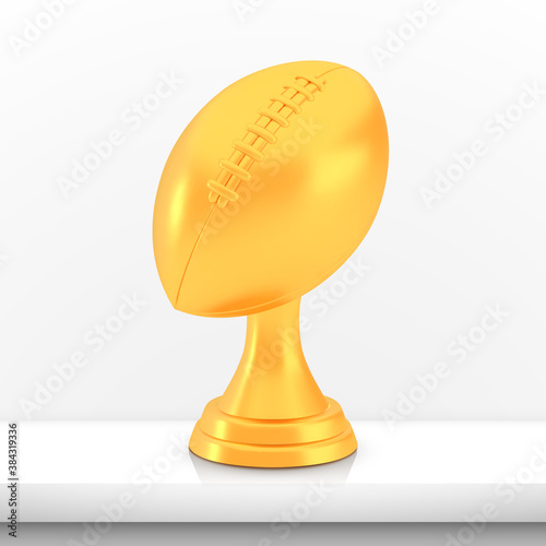 Winner american football cup award, golden trophy logo isolated on white shelf table background