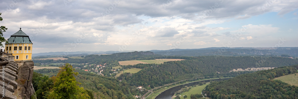 Fototapeta premium River Elbe and the landscape in Saxony Switzerland view from Fortress Koenigstein. Germany