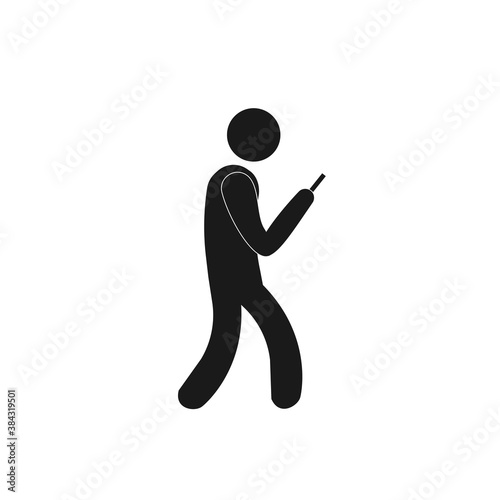 Man icon looking at the smartphone while walking