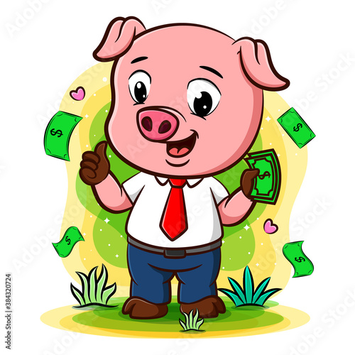 Successful pig  businessman character standing under money rain