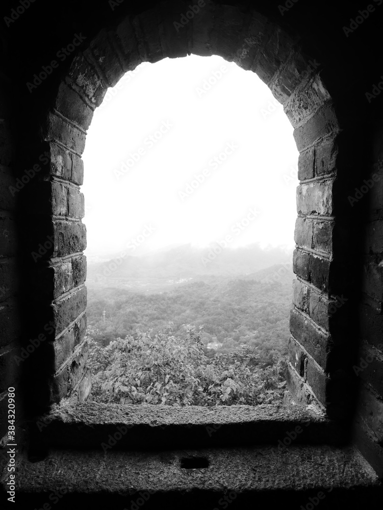 Fototapeta premium Asian mountain lanscape through a window
