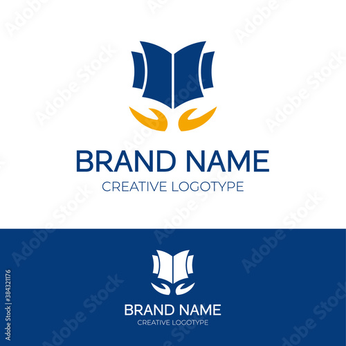 open book and hands logo design academy logo vector template