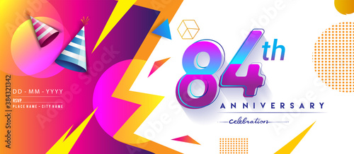 84th years anniversary logo, vector design birthday celebration with colorful geometric background and circles shape.