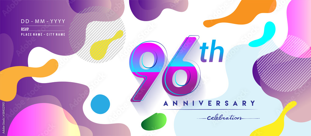 96th years anniversary logo, vector design birthday celebration with colorful geometric background and circles shape.