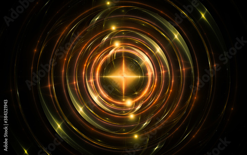 abstract illustration background image fantastic four-pointed star of golden color in the center of golden sparkling concentric spiral circles